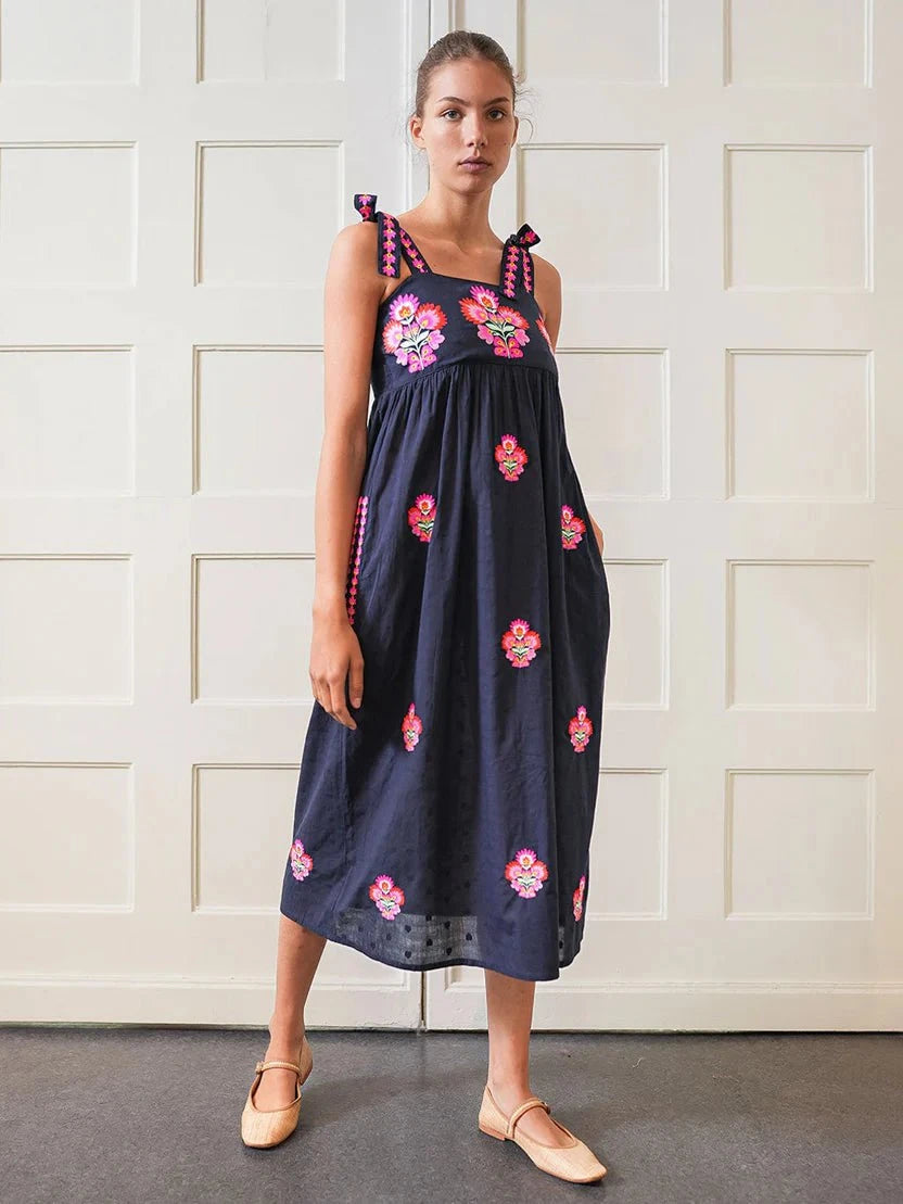 Nimo with Love Dress Agate Dress in Navy with Flower Bunch Embroidery