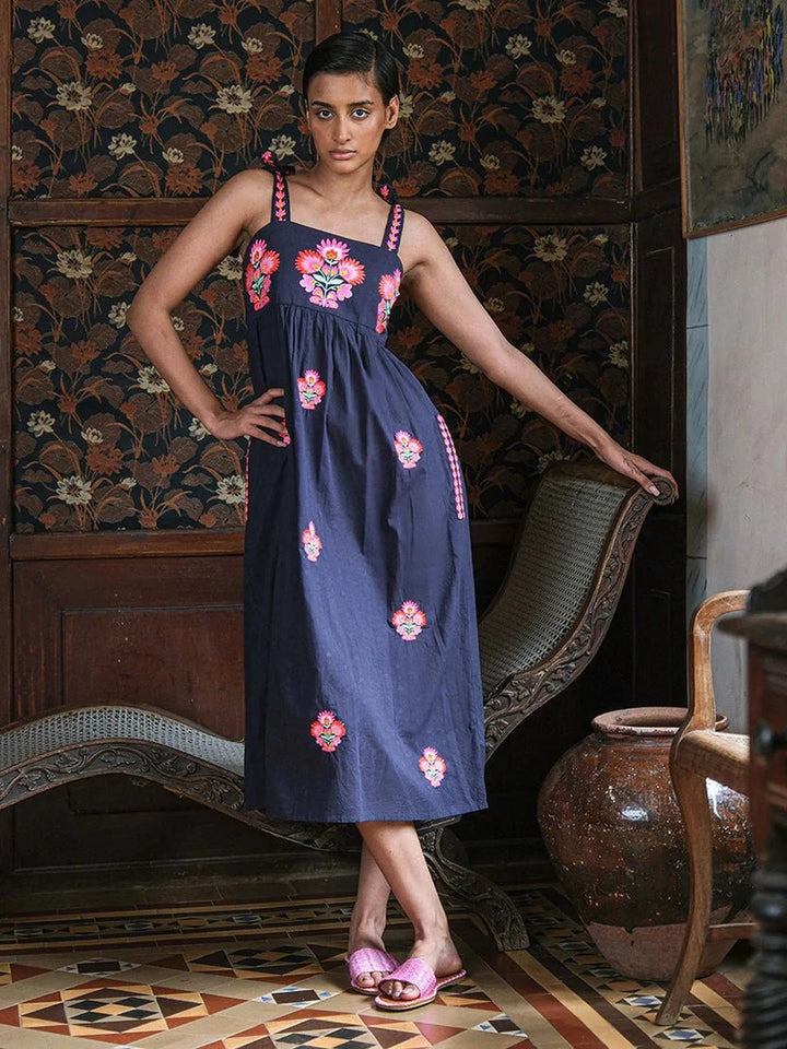 Nimo with Love Dress Agate Dress in Navy with Flower Bunch Embroidery