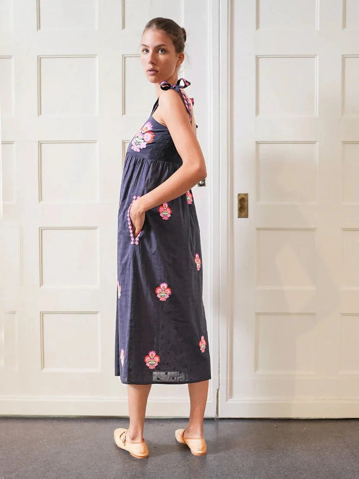 Nimo with Love Dress Agate Dress in Navy with Flower Bunch Embroidery