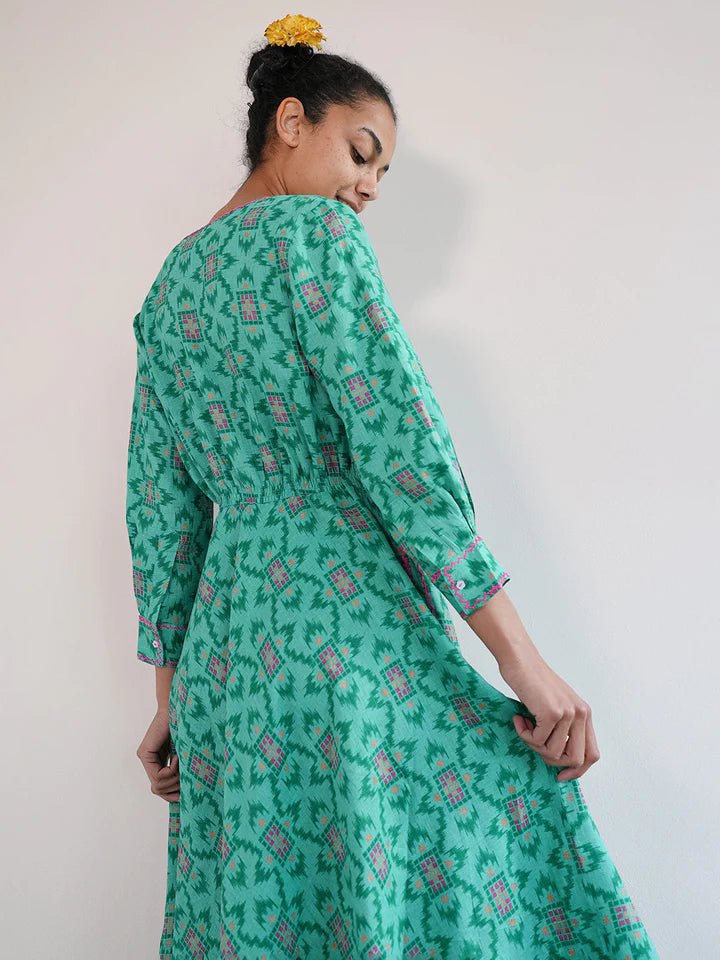 Nimo with Love Dress Azurite Dress in Green Ikat