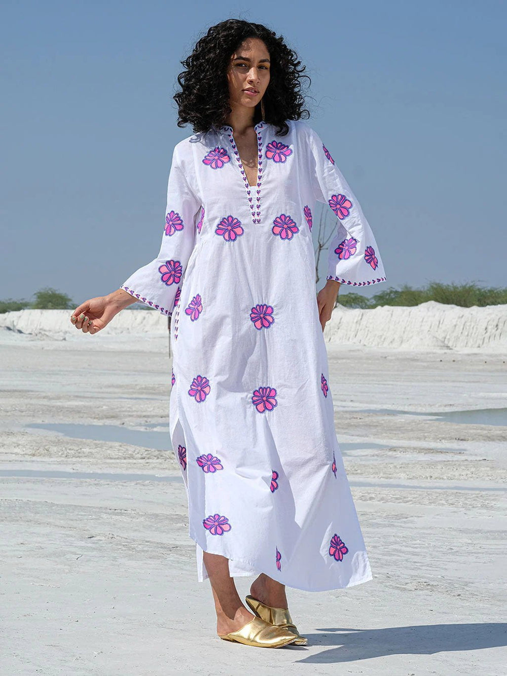 Nimo with Love Dress Blue Opal Kaftan in White / Funky Flower Embroidery