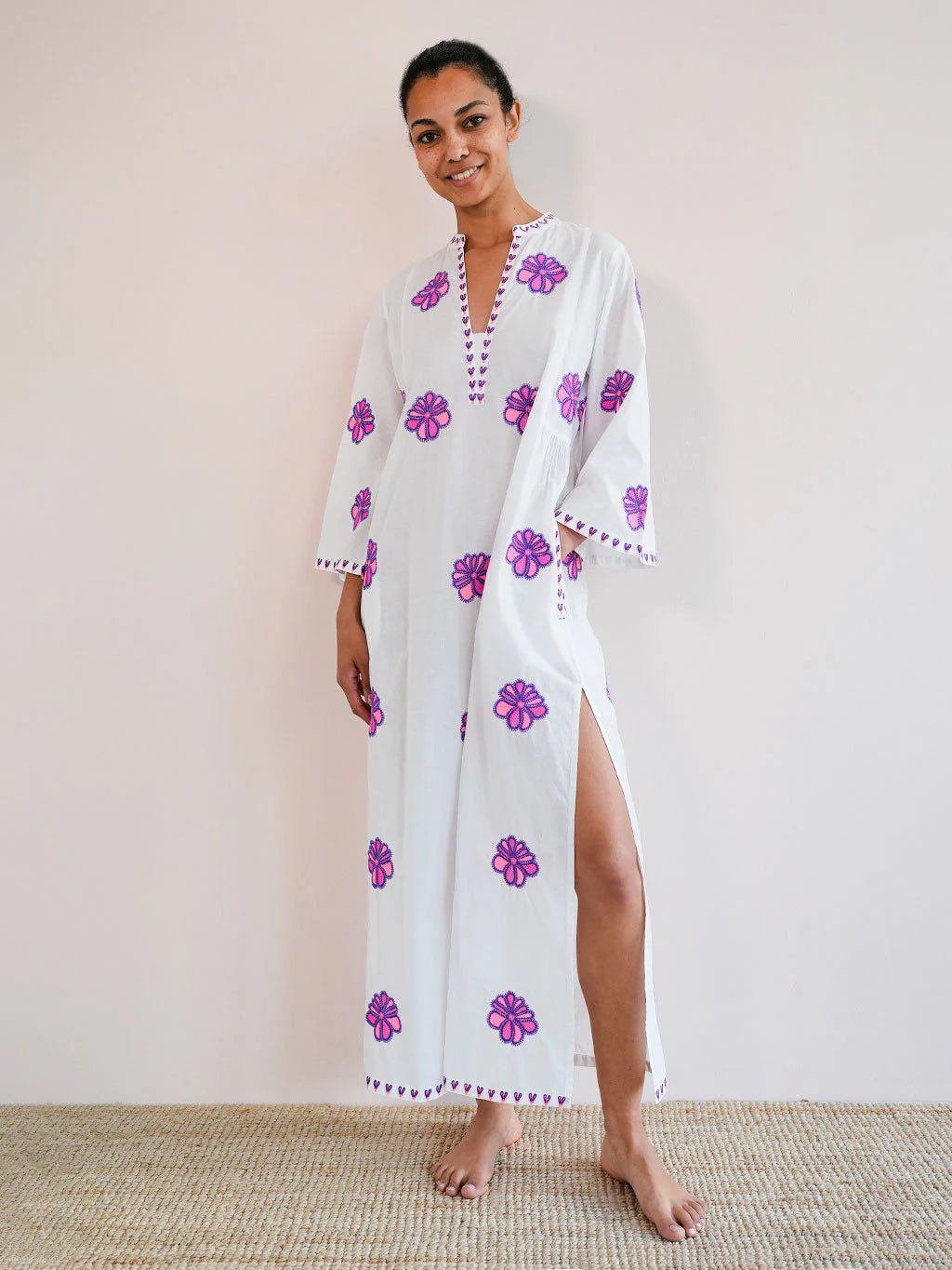 Nimo with Love Dress Blue Opal Kaftan in White / Funky Flower Embroidery