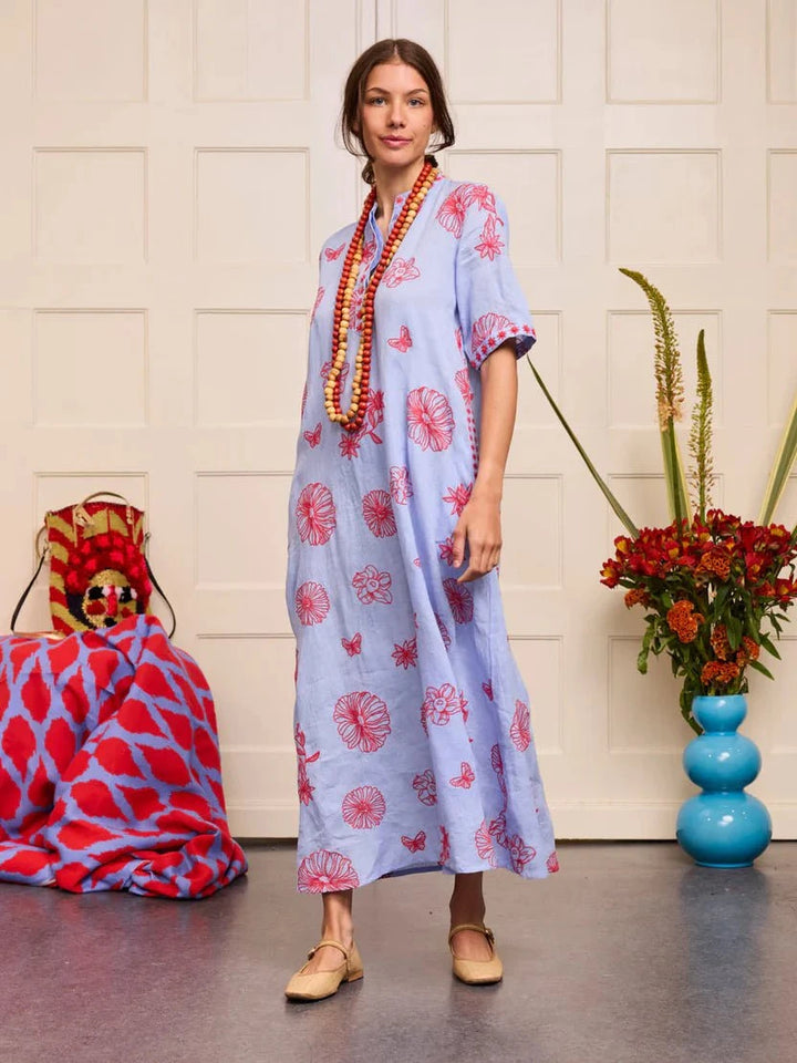 Nimo with Love Dress Cassia Dress in Pastel Blue with Red Flower Embroidery