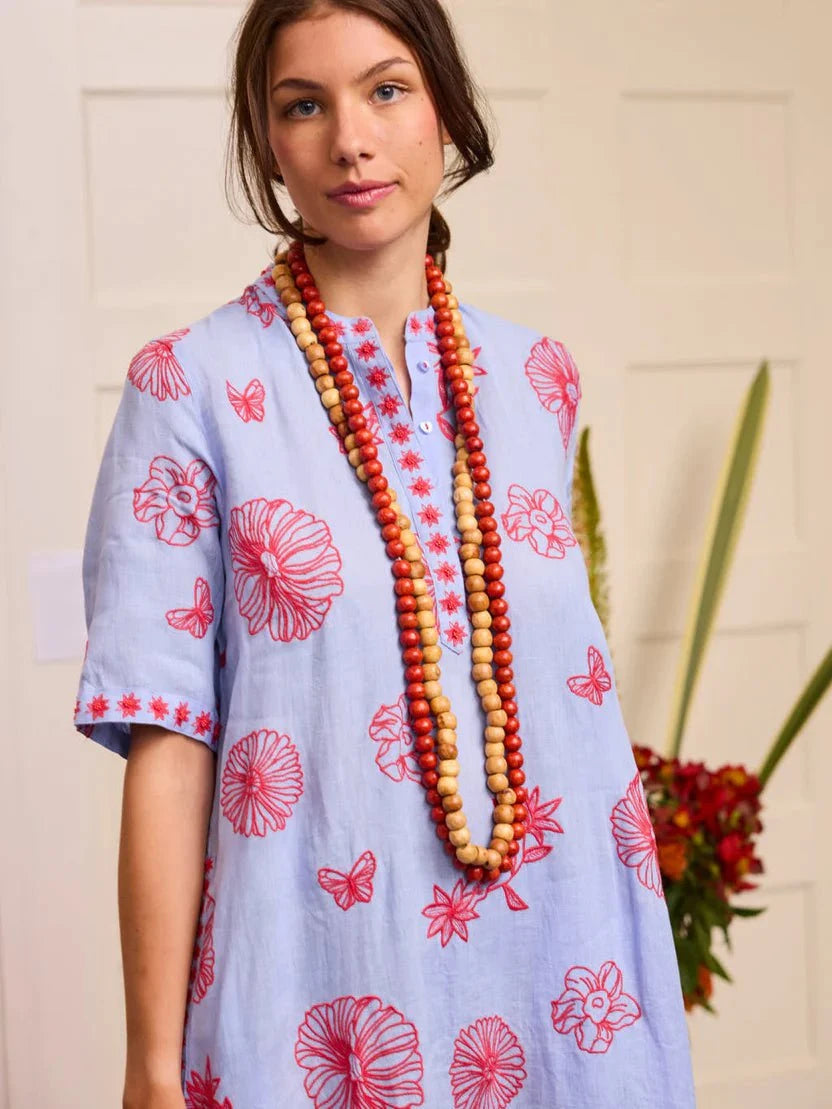 Nimo with Love Dress Cassia Dress in Pastel Blue with Red Flower Embroidery