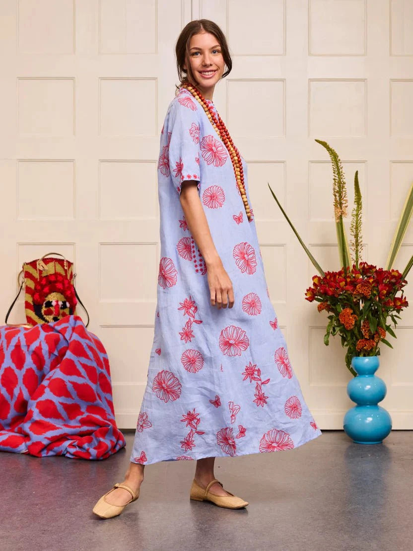 Nimo with Love Dress Cassia Dress in Pastel Blue with Red Flower Embroidery