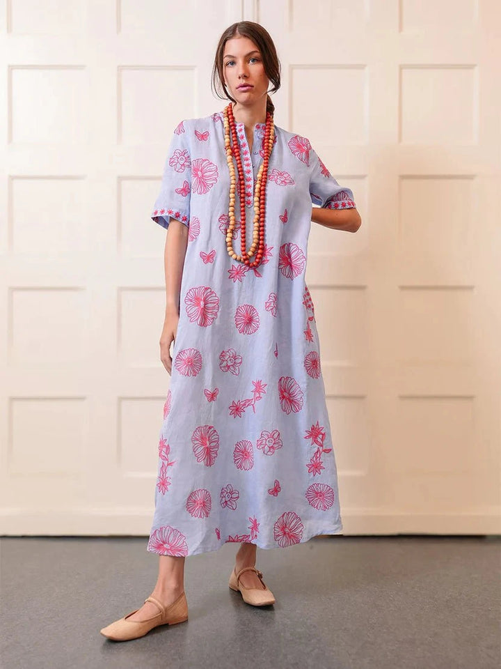 Nimo with Love Dress Cassia Dress in Pastel Blue with Red Flower Embroidery