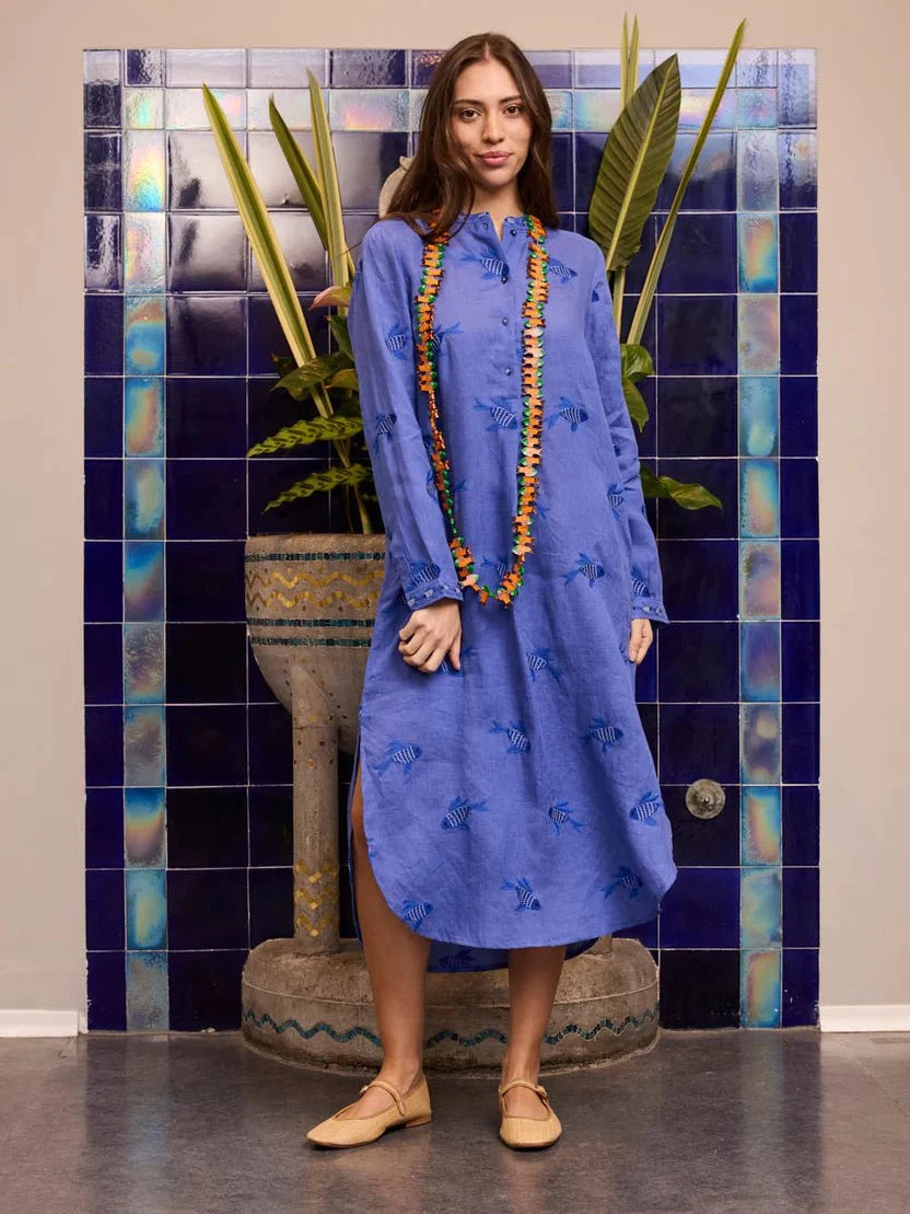 Nimo with Love Dress Cedar Caftan in Blue with Fish Embroidery