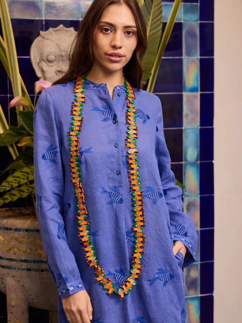 Nimo with Love Dress Cedar Caftan in Blue with Fish Embroidery