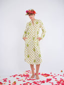 Nimo with Love Dress Cedar Kaftan in Green Dots and Bird Embroidery