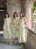 Nimo with Love Dress Cedar Kaftan in Green Dots and Bird Embroidery