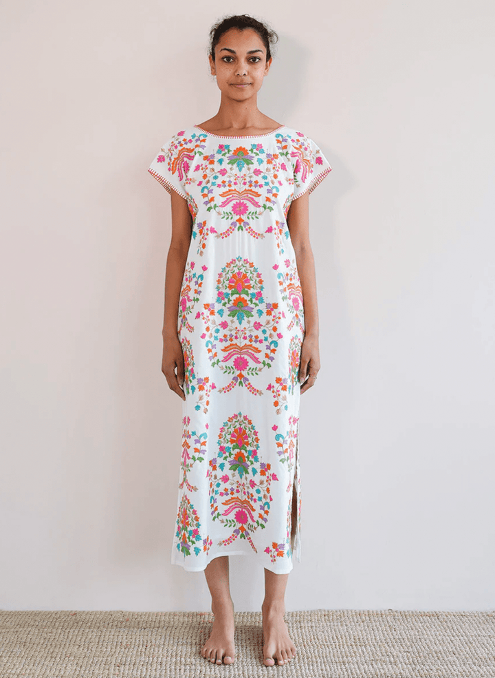 Nimo with Love Dress Malachite Kaftan in White / Golden Flowers Embroidery