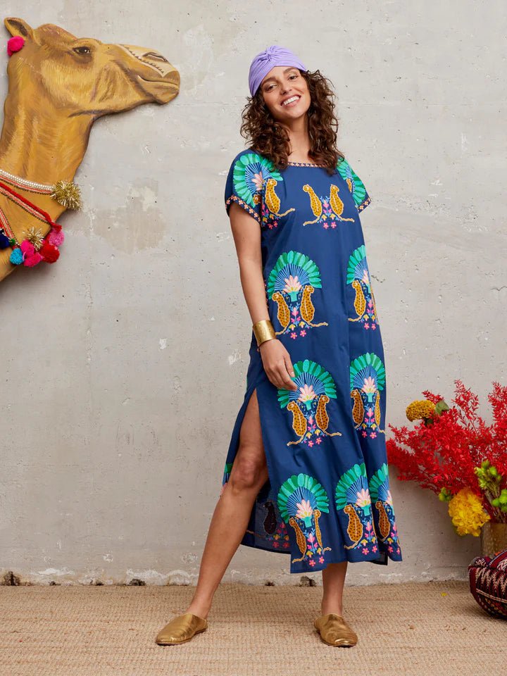 Nimo with Love Dress Malachite Kaftan Leo Embroidery on Navy