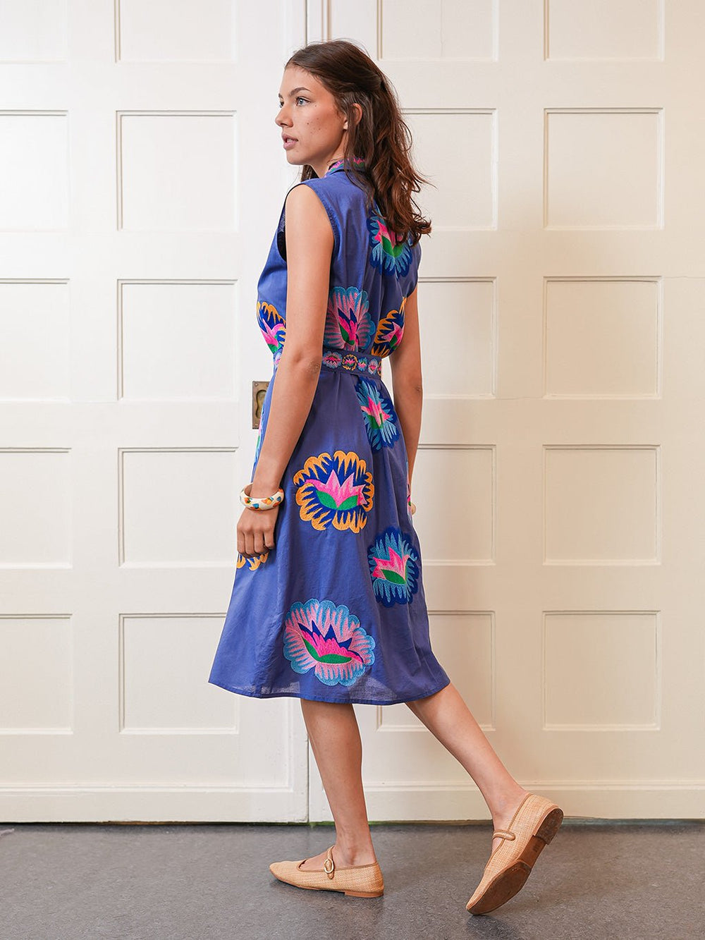 Nimo with Love Dress Oakmoss Dress in Blue with Lotus Embroidery