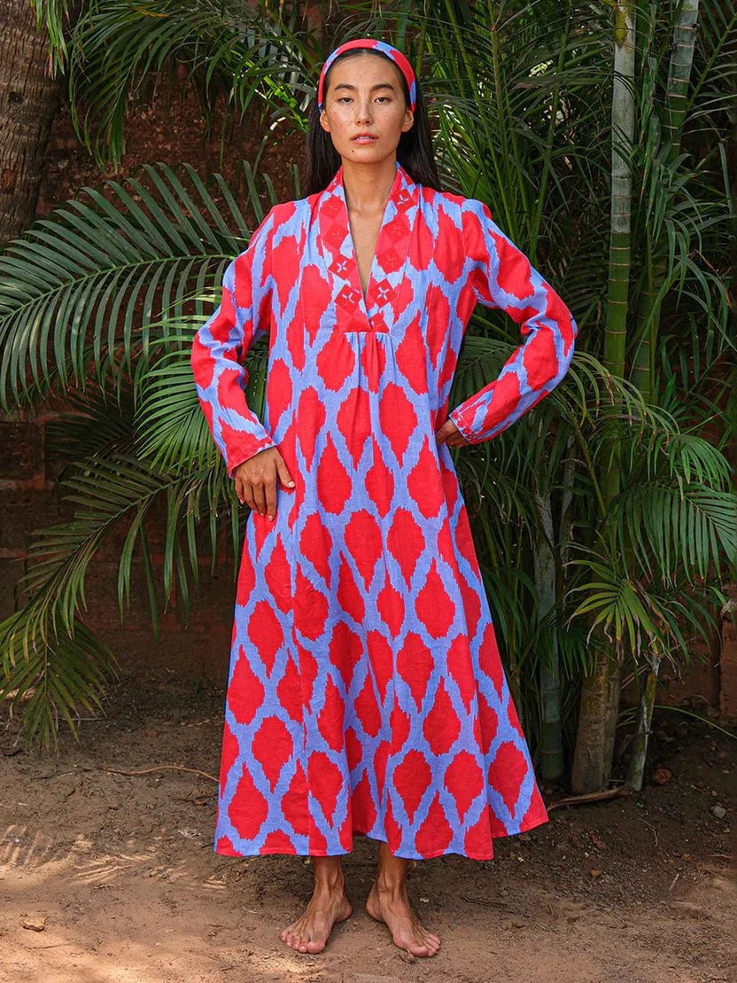 Nimo with Love Dress Sandalwood in Red Ikat