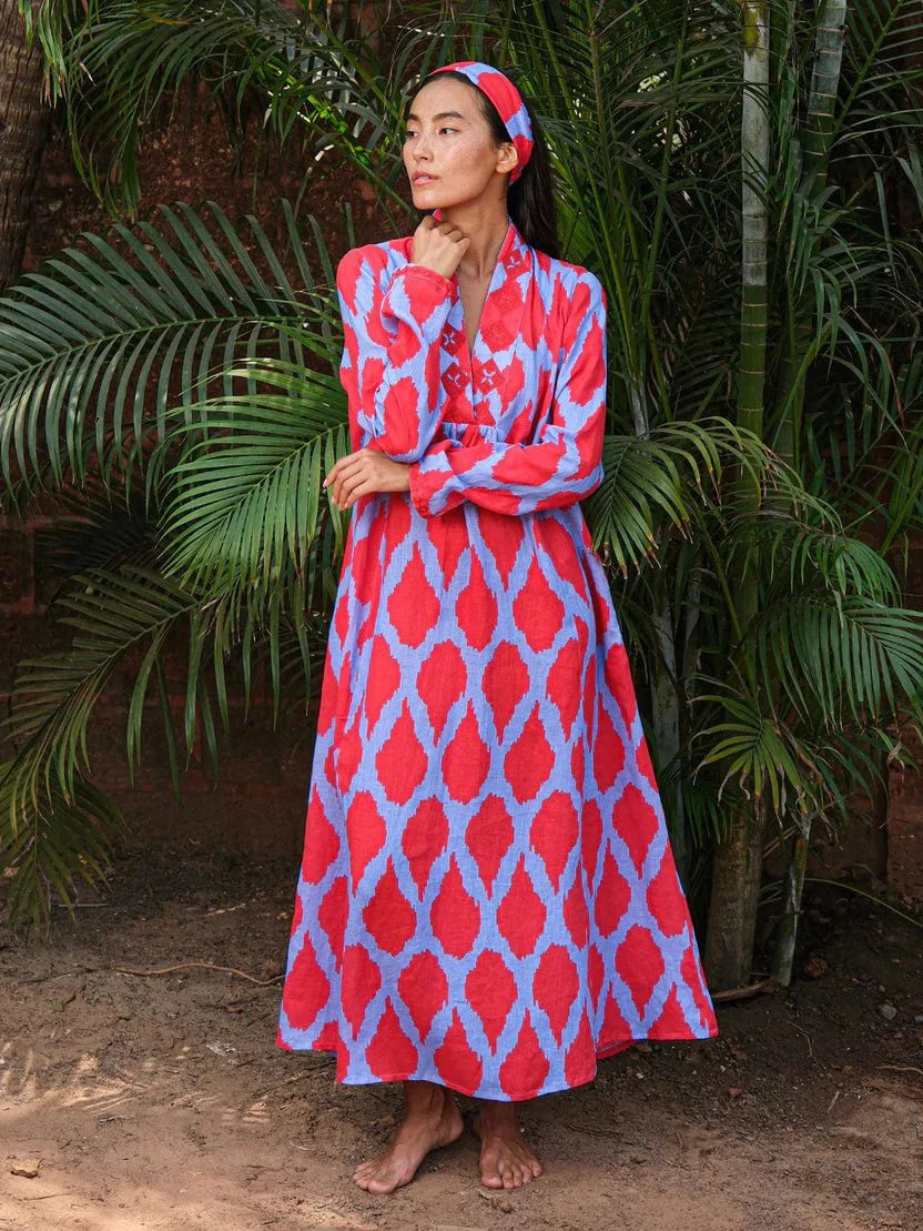 Nimo with Love Dress Sandalwood in Red Ikat