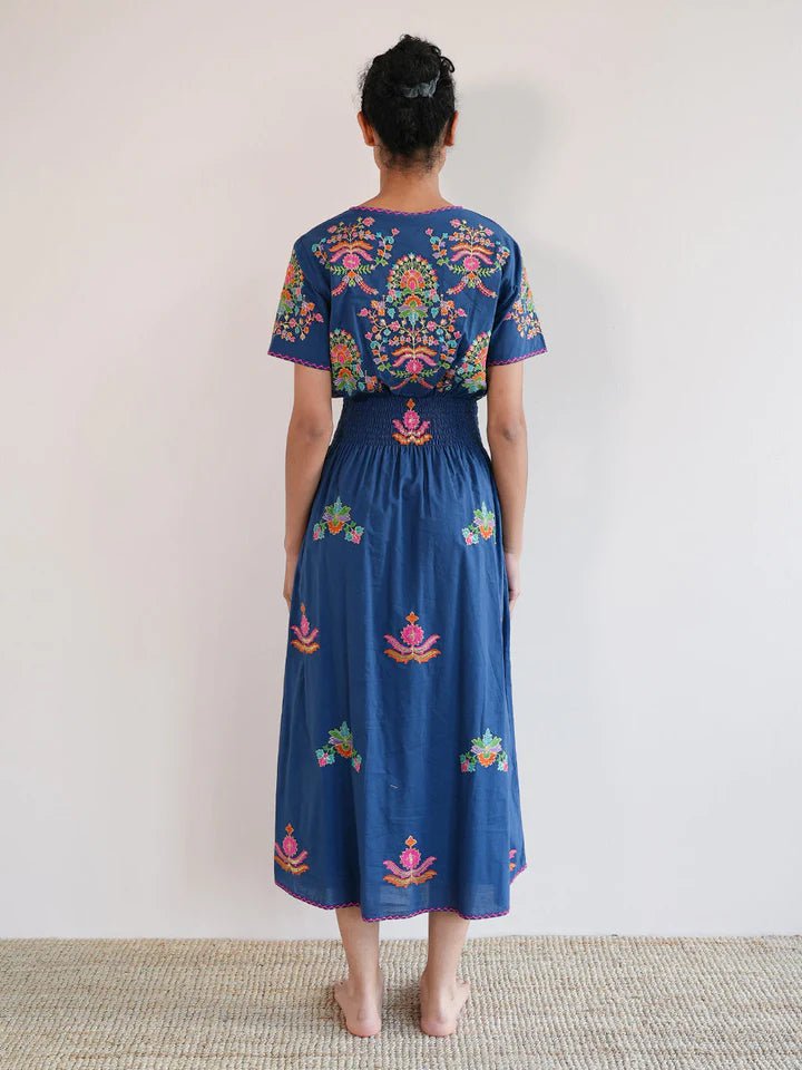 Nimo with Love Dress Verbena Dress in Navy / Golden Flowers Embroidery