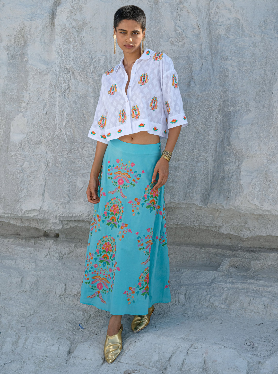 Nimo with Love Skirts Lantana Skirt in Sea / Golden Flowers Embroidery