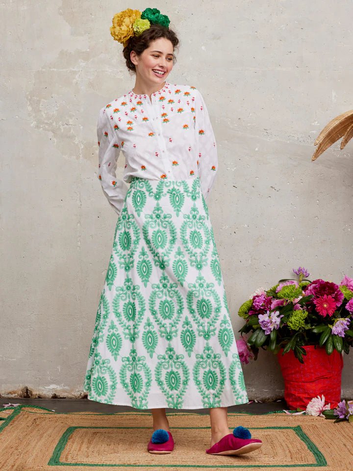 Nimo with Love Skirts Lantana Skirt in White / Green Ornament Embroidery
