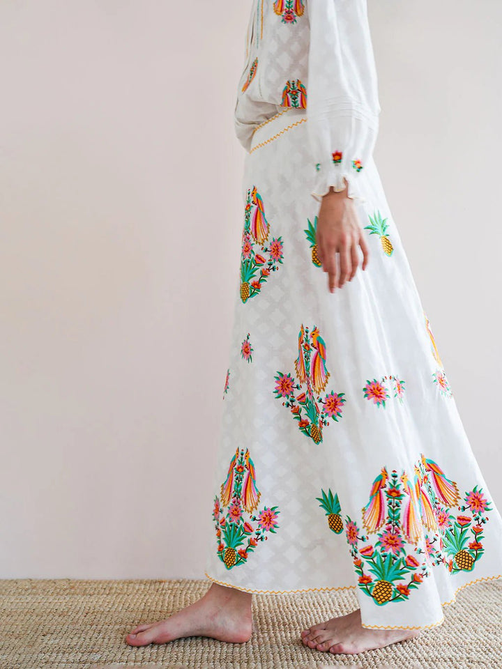 Nimo with Love Skirts Lantana Skirt in White / Parrot Embroidery