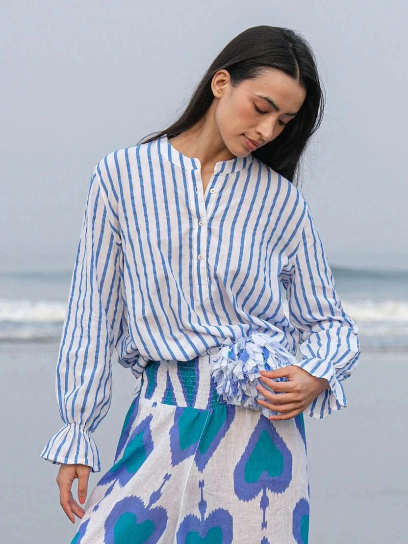 Nimo with Love Top Broom Blouse in White & Blue Stripes