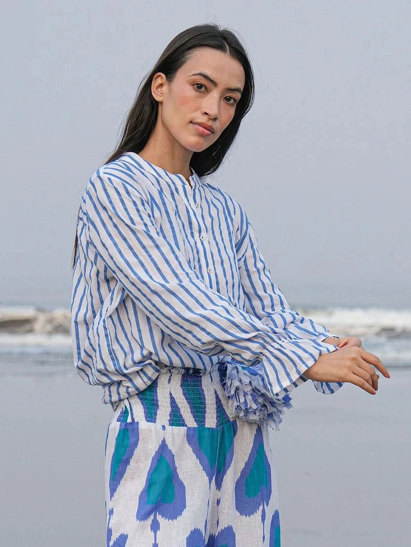 Nimo with Love Top Broom Blouse in White & Blue Stripes