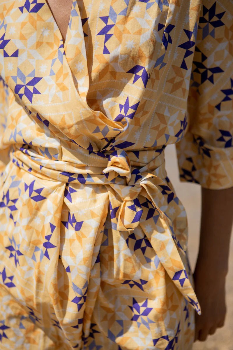 Odile Dress Bianca Wrap Kimono in Yellow Bird