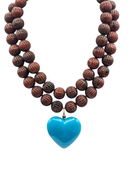 Amour Carved Tortoise Resin Bead Necklace with Turquoise Resin Heart Pendant