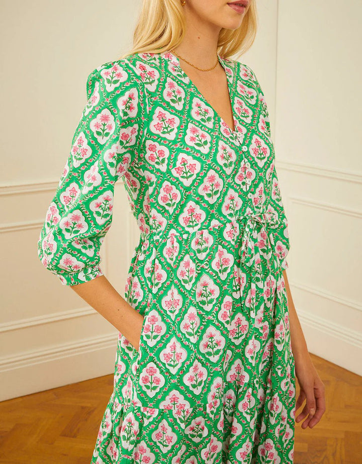 Pink City Prints Dress Maria Dress in Emerald Trellis