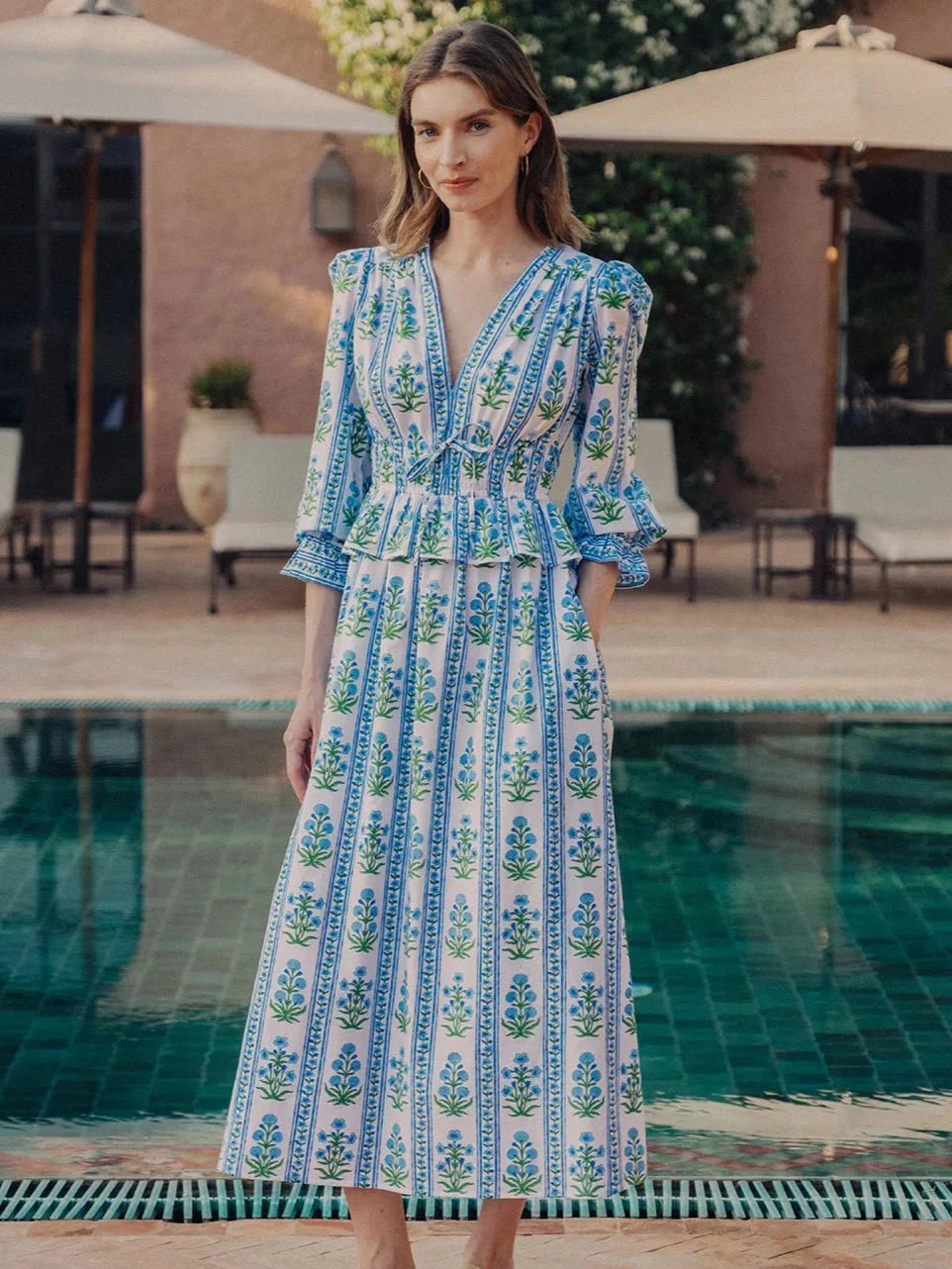 Pink City Prints Dress Melanie Dress in Indigo Border