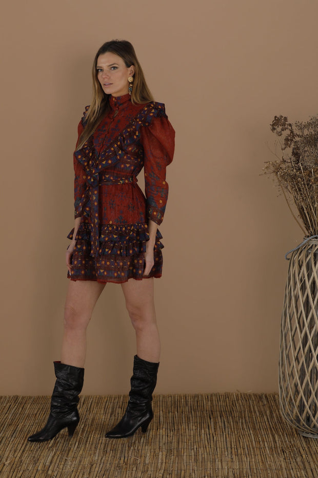 Place Nationale Dress Place Nationale | La Ventaille Draped Puff Sleeve Prairie Mini Dress in Burnt Sienna Mosaic