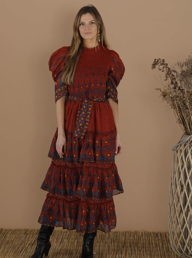 Place Nationale Dress Place Nationale | Le Coteaux Tiered Maxi Folk Dress in Burnt Sienna Mosaic