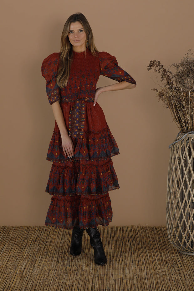 Place Nationale Dress Place Nationale | Le Coteaux Tiered Maxi Folk Dress in Burnt Sienna Mosaic