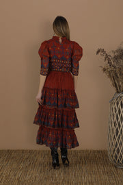Place Nationale Dress Place Nationale | Le Coteaux Tiered Maxi Folk Dress in Burnt Sienna Mosaic