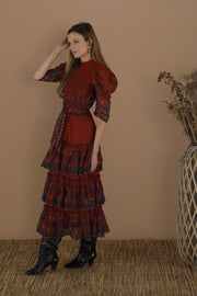 Place Nationale Dress Place Nationale | Le Coteaux Tiered Maxi Folk Dress in Burnt Sienna Mosaic