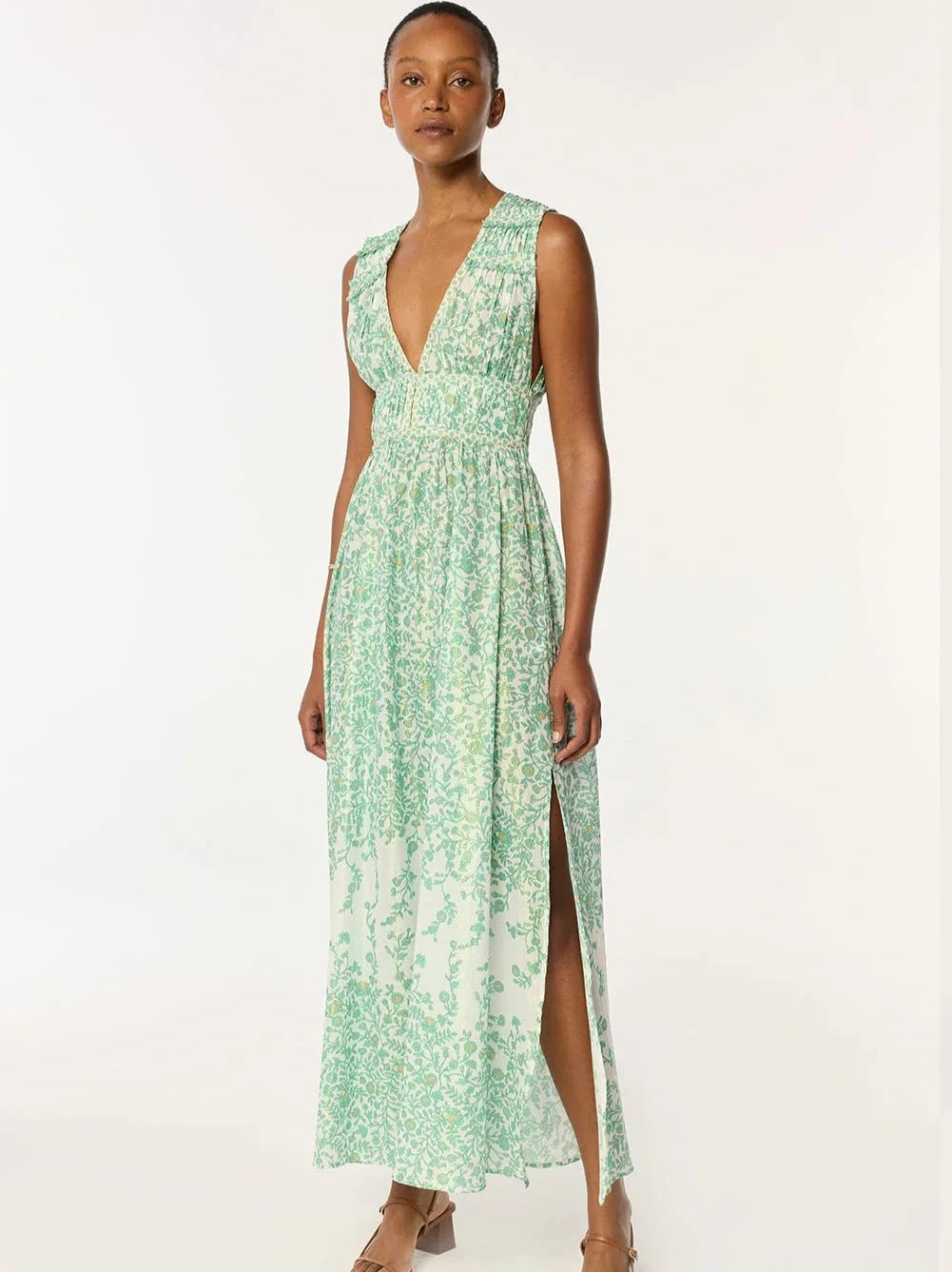 Poupette St Barth Chiara Long Dress | Print/Green | Size M