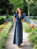 Sail to Sable Dress Blackwatch Tartan V-Neck Flutter Sleeve Maxi