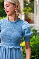 Sail to Sable Dress Chambray Puff Sleeve Smocked Midi Dress