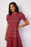 Sail to Sable Dress Red Tartan Puff Sleeve Smocked Midi Dress