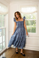 Sail to Sable Dress Tropical Block Print Flutter Strap Smocked Midi Dress