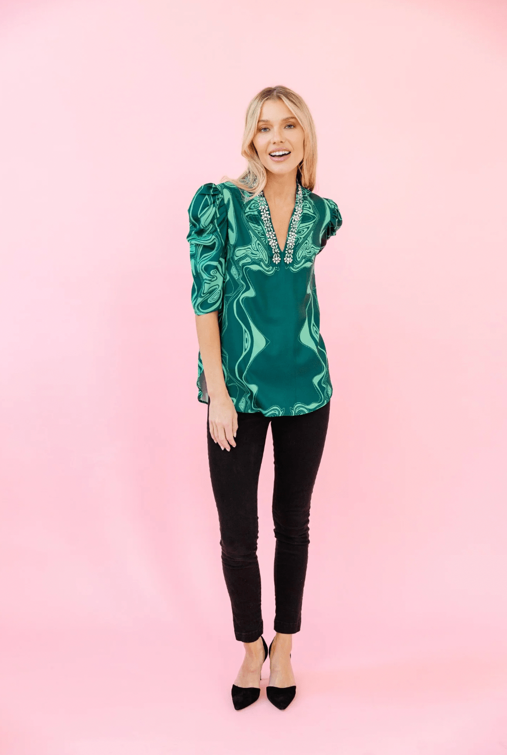 Natalie Blouse in Emerald Marble – Beau Ro