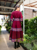 Sue Sartor Dress Jewel Neck Flounce Dress in Burgundy/Foxglove Embroidery