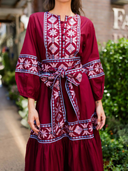 Sue Sartor Dress Jewel Neck Flounce Dress in Burgundy/Foxglove Embroidery