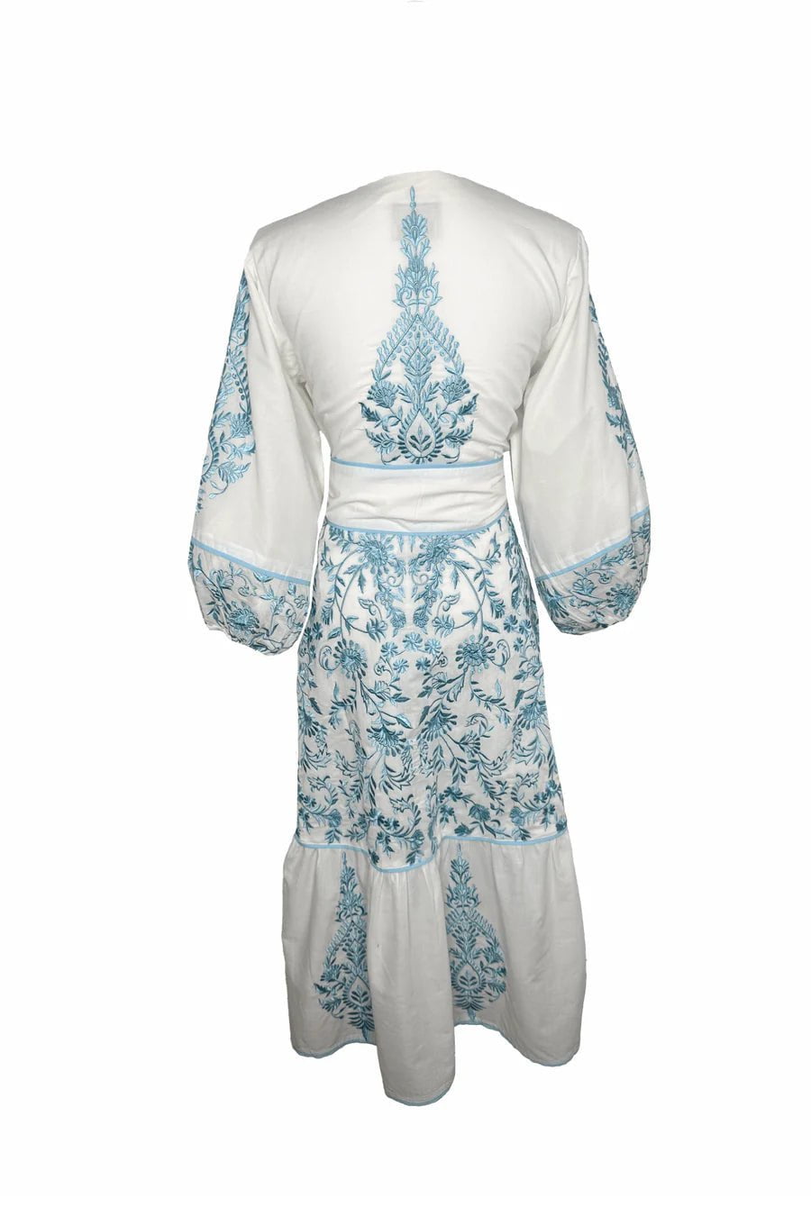 Sue Sartor Dress Jewel Neck Flounce in Ciel/ White Embroidered Sultan Floral