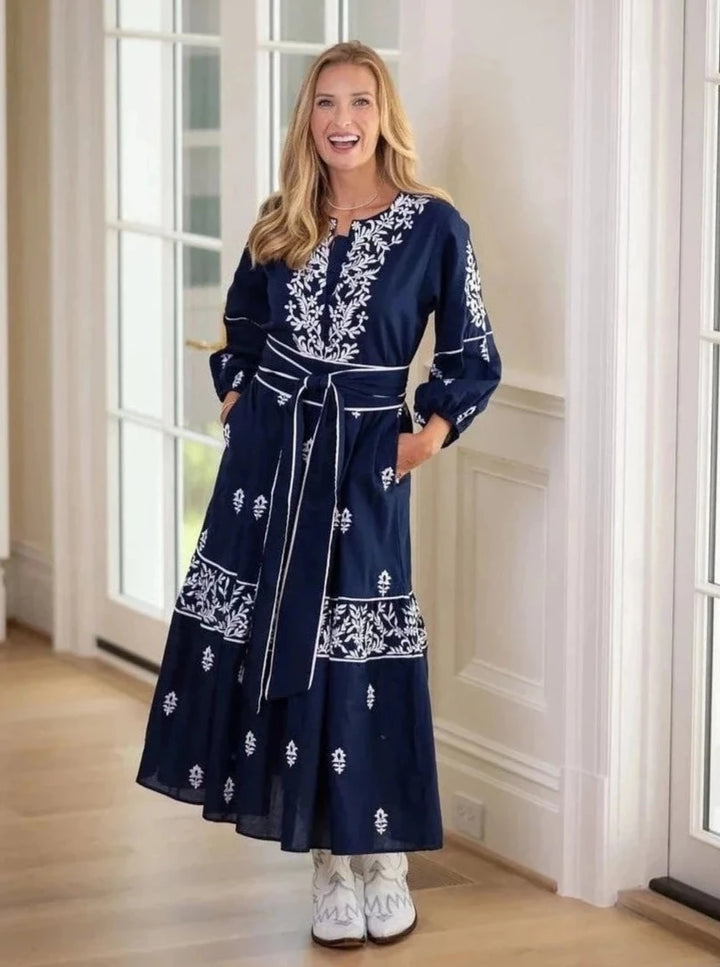 Sue Sartor Dress Jewel Neck Flounce in Navy / White Embroidered Mughal