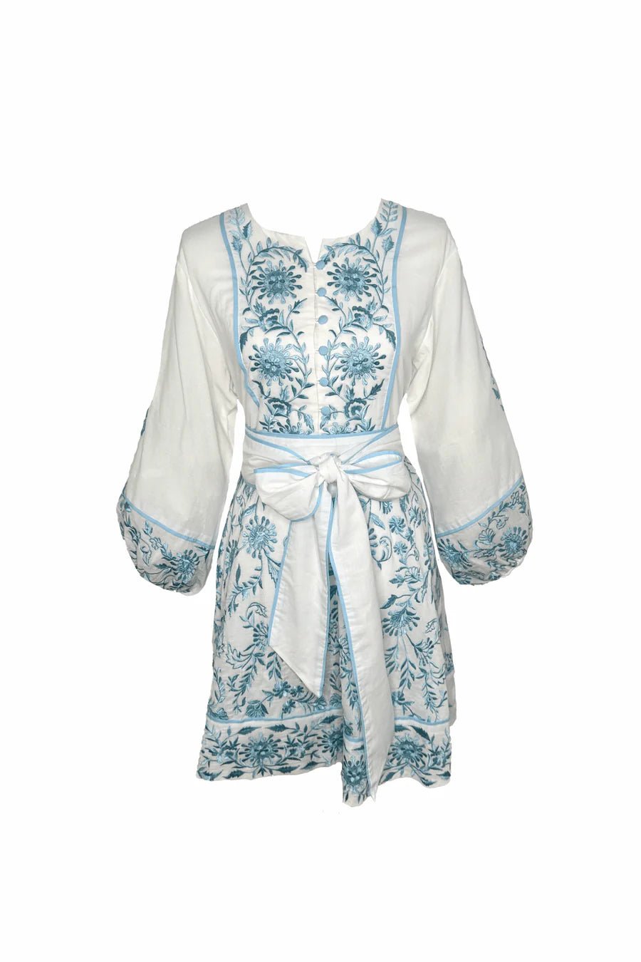 Sue Sartor Dress Jewel Neck Flounce Mini in Ciel / White Emboridered Sultan Floral