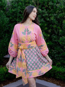 Sue Sartor Dress Jewel Neck Flounce Mini in Guava / Citron Marigold