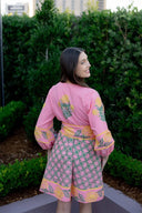 Sue Sartor Dress Jewel Neck Flounce Mini in Guava / Citron Marigold