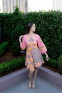 Sue Sartor Dress Jewel Neck Flounce Mini in Guava / Citron Marigold