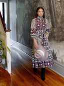 Sue Sartor Dress Paloma Flounce Dress in Burgundy / Aubergine Mosaic Ikat