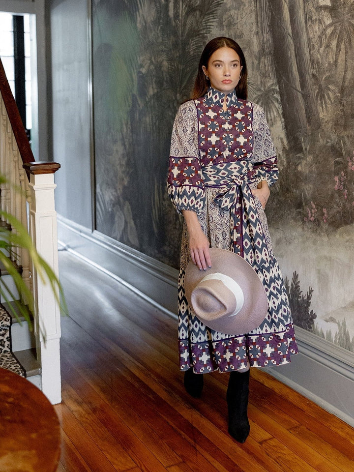 Sue Sartor Dress Paloma Flounce Dress in Burgundy / Aubergine Mosaic Ikat
